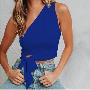 NWOT Blue one shoulder crop top tank with bow tie knot